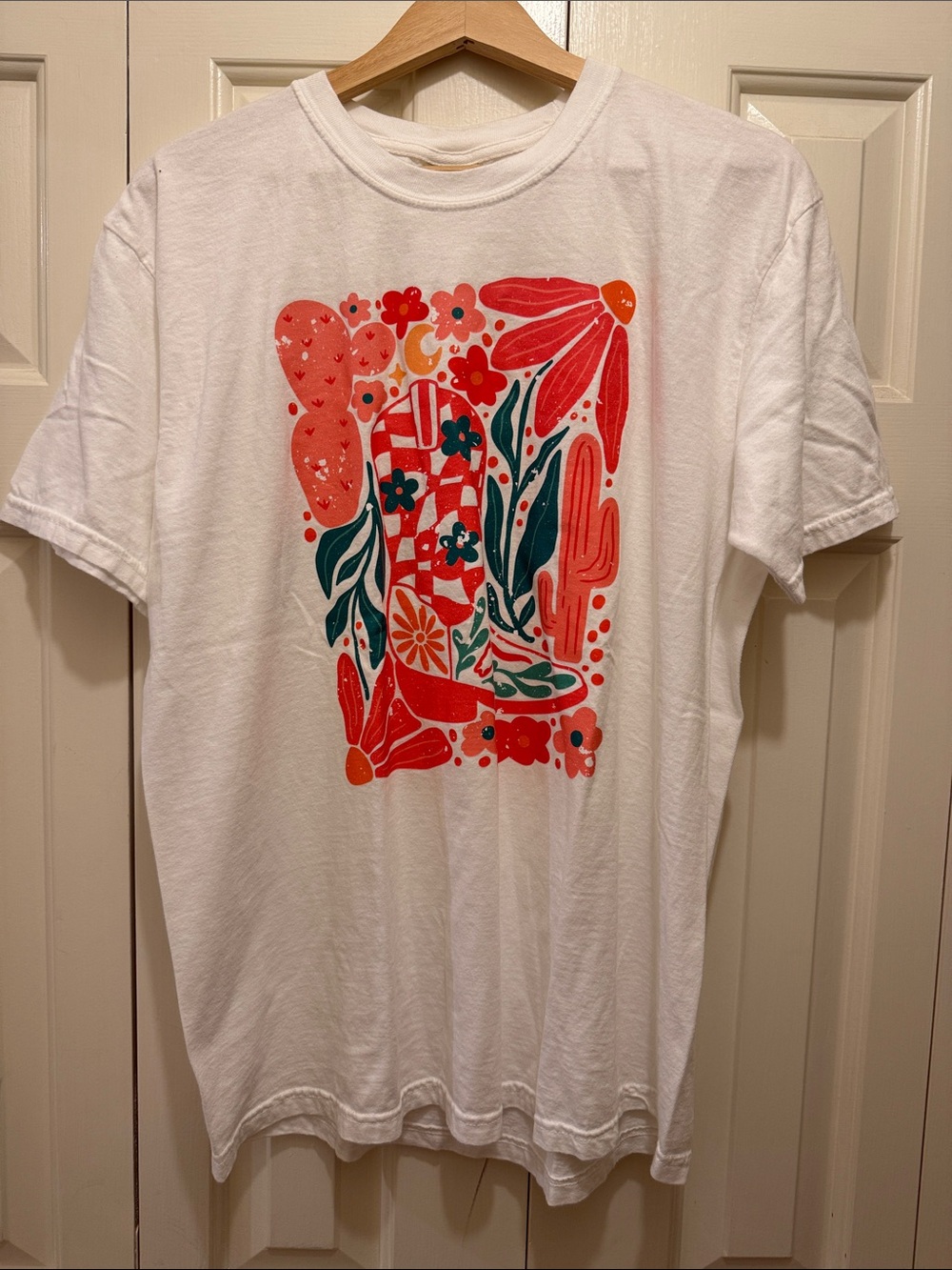 Comfort Colors White Tee with Red and Teal Floral Graphic